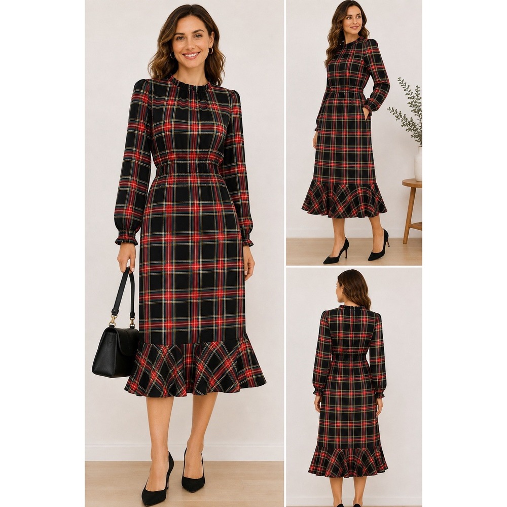J.Crew Women's Size 8 Tartan Plaid Midi Dress Ruffle Hem Elastic Waist Holiday